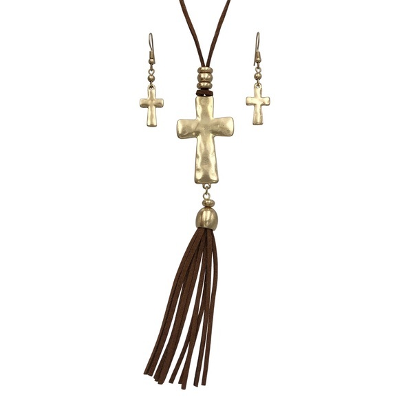 Fashion Jewelry Jewelry - 🔴 CLEARANCE Long Gold Cross Brown Suede Tassel Necklace Set